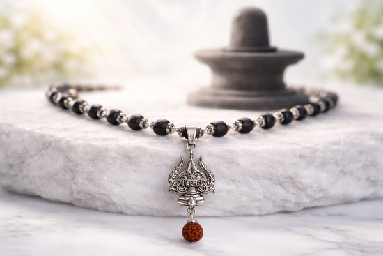 Silver Karungali Mala with Trishul and Rudraksha