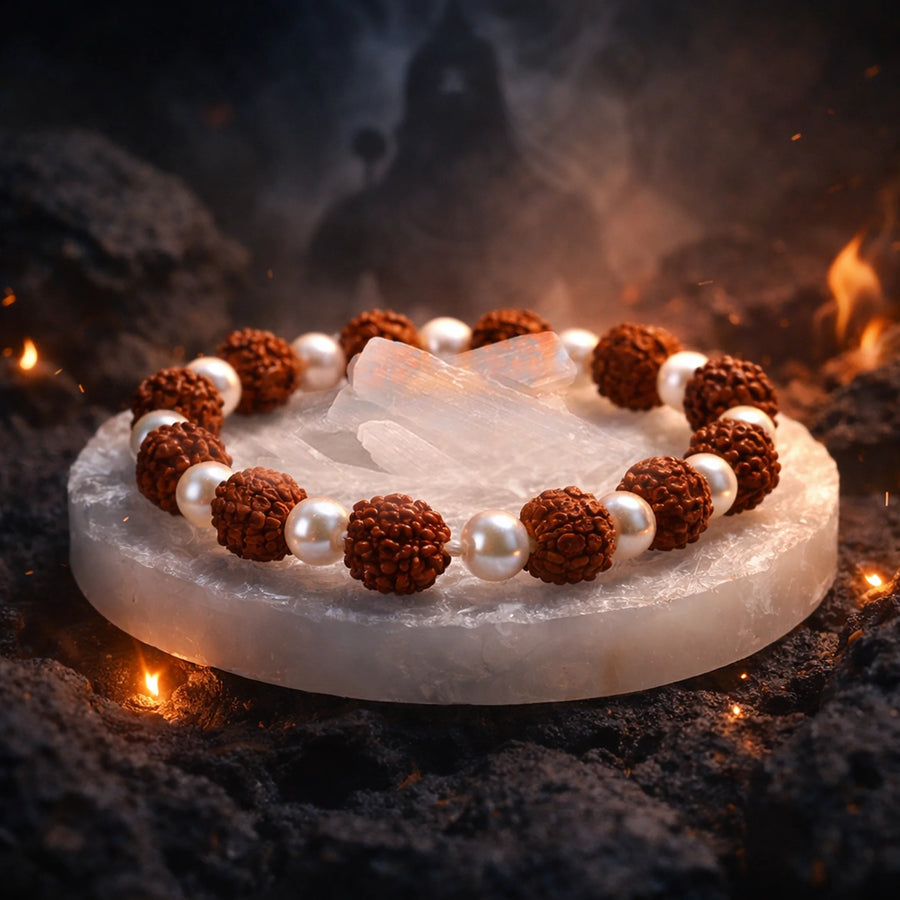 Maha Lakshmi Rudra Bracelet with 5 mukhi Rudraksha and Pearl