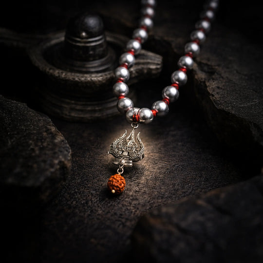 Mercury Beads Mala with Trishul and Rudraksha