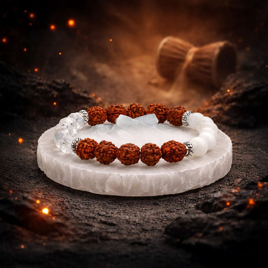 Shiv Ganga Authentic 5 Mukhi Rudraksha Moonstone Sphatik Bracelet