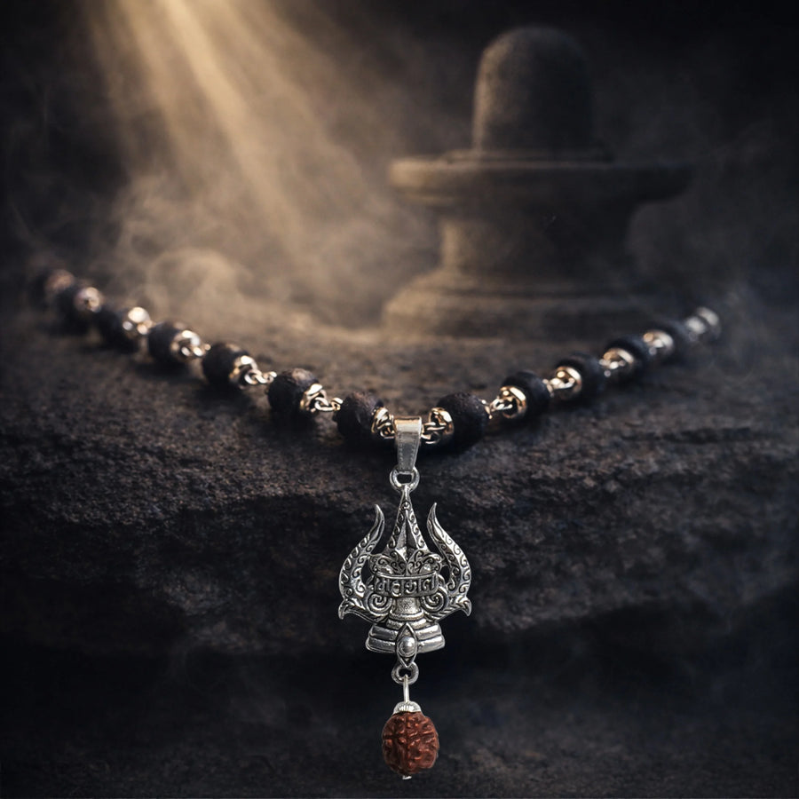 Authentic Silver Karungali Malai with Trishul and Rudraksha
