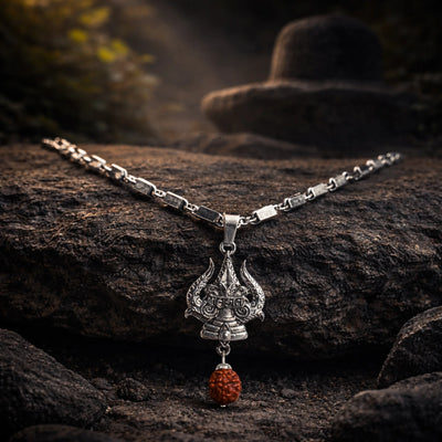 Stainless Steel Silver Pendant with Rudraksha and Trishul