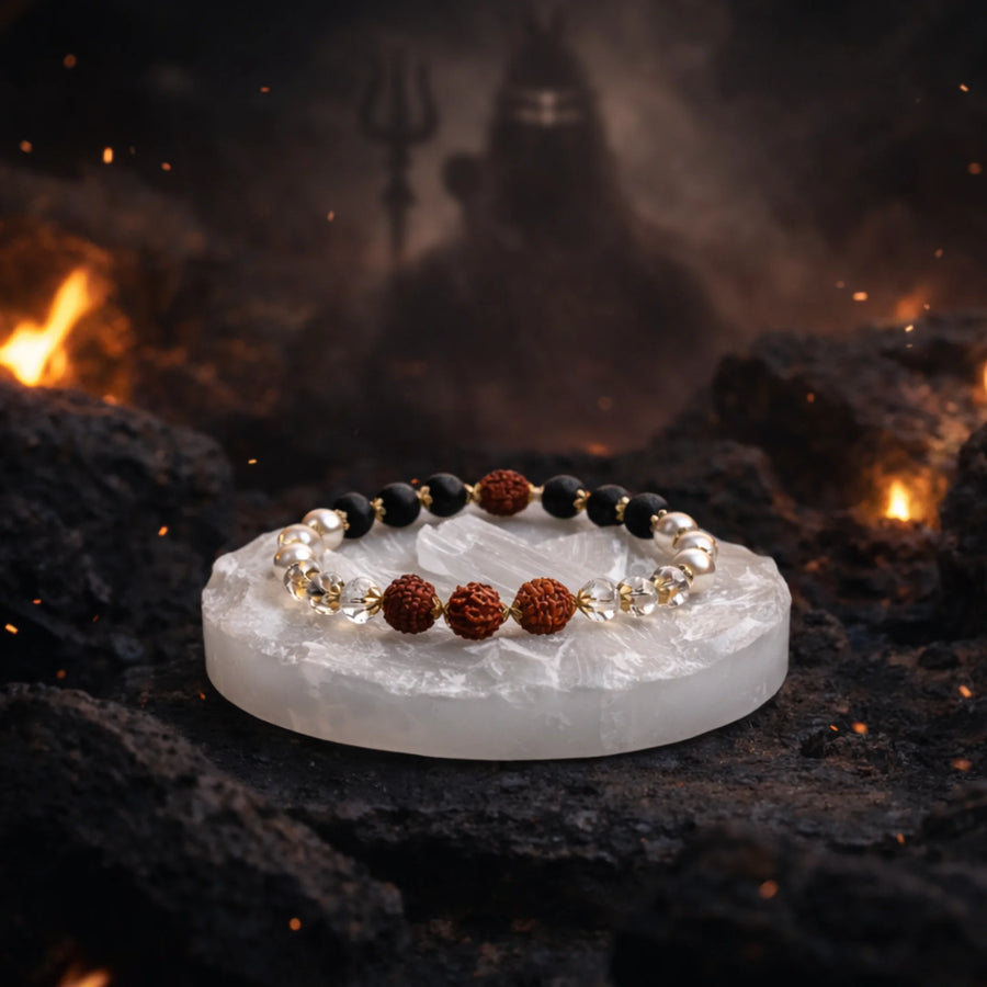 Victory Bracelet with 5 Mukhi Rudraksha Pearl Lava Sphatik