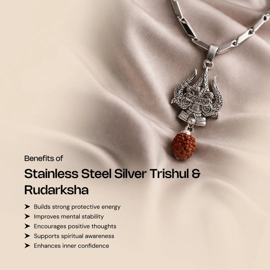 Stainless Steel Silver Pendant with Rudraksha and Trishul