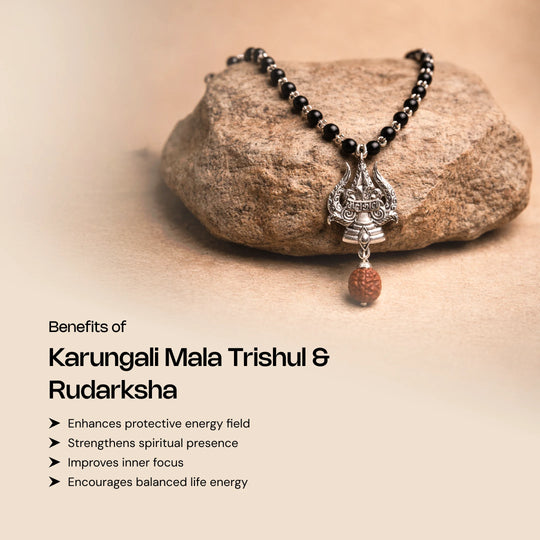 Silver Karungali Mala with Trishul and Rudraksha
