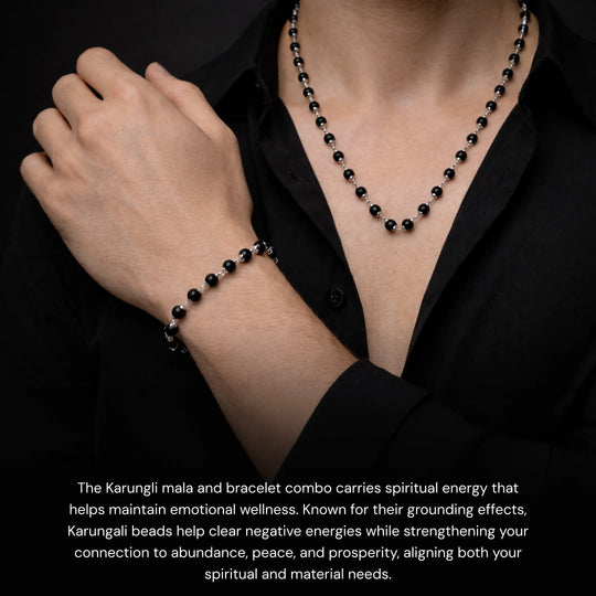 Authentic Silver Karungali (Ebony Wood) Mala + Bracelet Combo - Gemsinvite  
