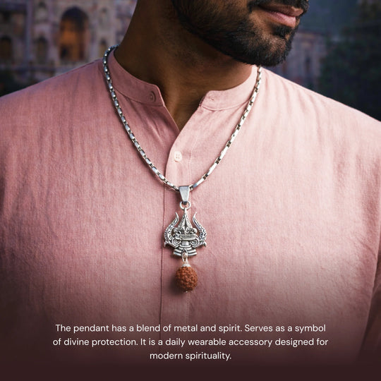 Stainless Steel Silver Pendant with Rudraksha and Trishul