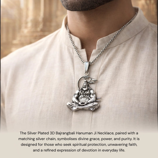 Silver Plated 3D Bajrangbali Hanuman Meditation Necklace - Gemsinvite  