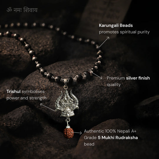 Silver Karungali Mala with Trishul and Rudraksha